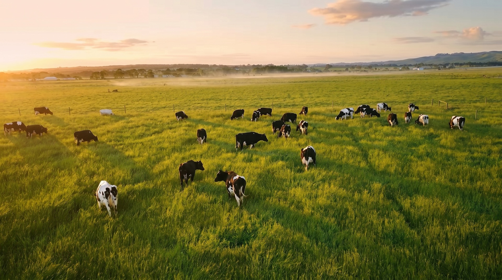 Holstein Friesian herd grazing at golden hour on the Bassine farm, Glen Forbes