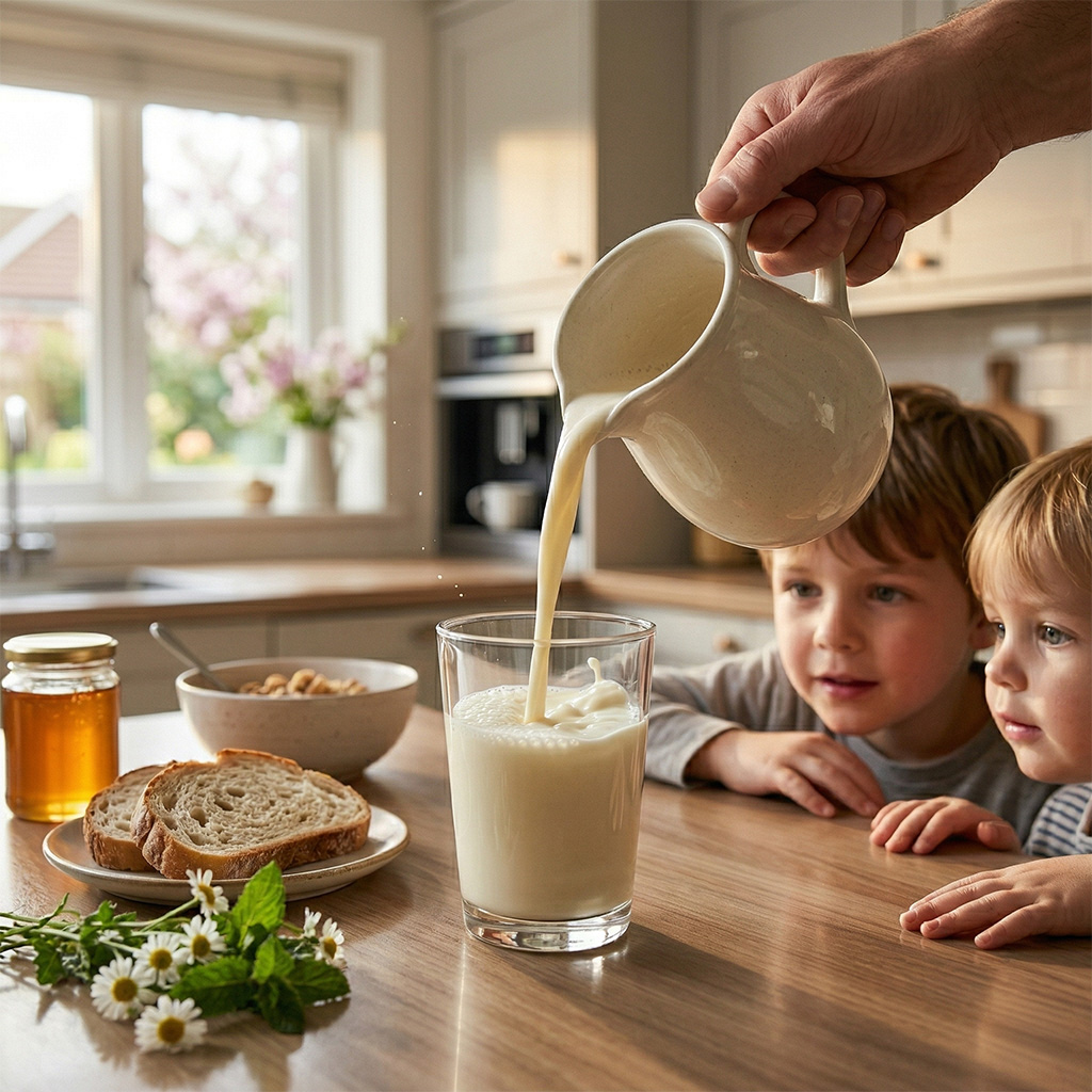 Fresh milk being poured from the Bassine farm